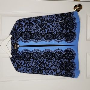 Bob Mackie Wearable Art cardigan light blazer bright blue printed black lace